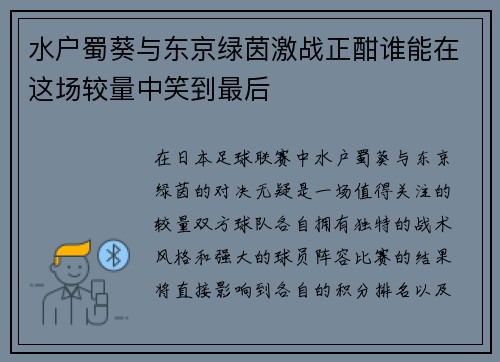 水户蜀葵与东京绿茵激战正酣谁能在这场较量中笑到最后