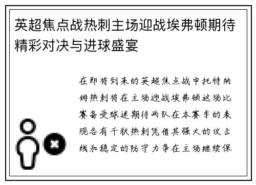 英超焦点战热刺主场迎战埃弗顿期待精彩对决与进球盛宴